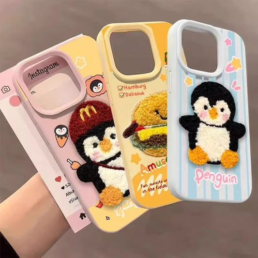 Sarung Telefon 3D Aksesori Penguin Burger Bahan Kulit Corak Comel Anti Licut Dan Selamat For iPhone 11 12 13 14 15 16 17