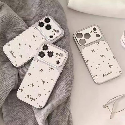 Black Bow Cute Dots Veneered Large Window Phone Case For iPhone12 17 15 14 13 11 Pro Max Plus Leather Texture Anti-Drop