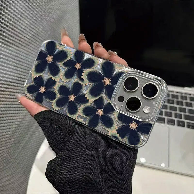 Sarung Telefon Bunga Hitam Sesuai untukiPhone 17 15 14 13 12 11 Pro MaxxsmaxMudah dan Comel Kalis Kejutan Sesuai untuk16