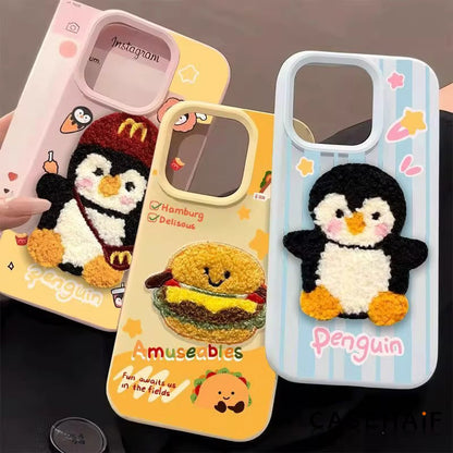 Sarung Telefon 3D Aksesori Penguin Burger Bahan Kulit Corak Comel Anti Licut Dan Selamat For iPhone 11 12 13 14 15 16 17