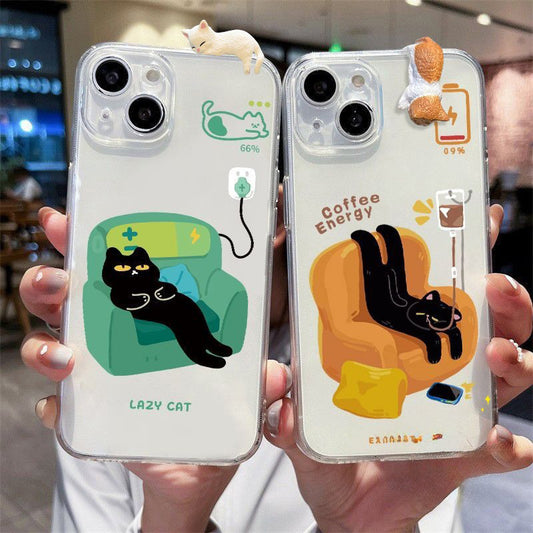 Casing HP Energy Cat Keren dengan Aksesori 3D untuk iPhone 17 16 15 14 13 12 11 Case Bening Anti Letak High Quality Casi