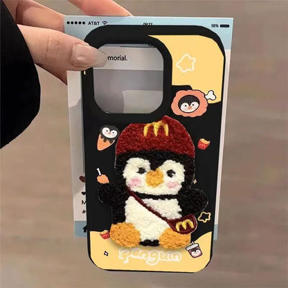Sarung Telefon 3D Aksesori Penguin Burger Bahan Kulit Corak Comel Anti Licut Dan Selamat For iPhone 11 12 13 14 15 16 17