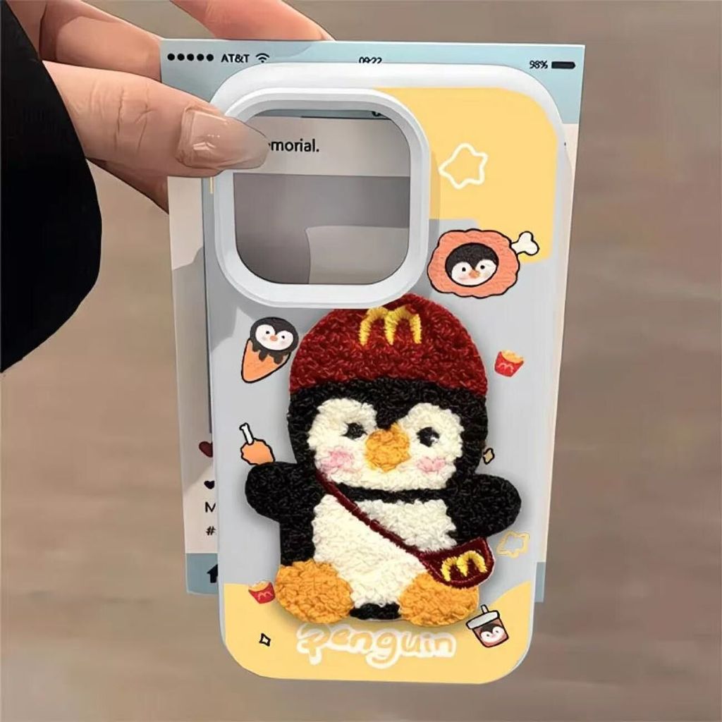 Sarung Telefon 3D Aksesori Penguin Burger Bahan Kulit Corak Comel Anti Licut Dan Selamat For iPhone 11 12 13 14 15 16 17