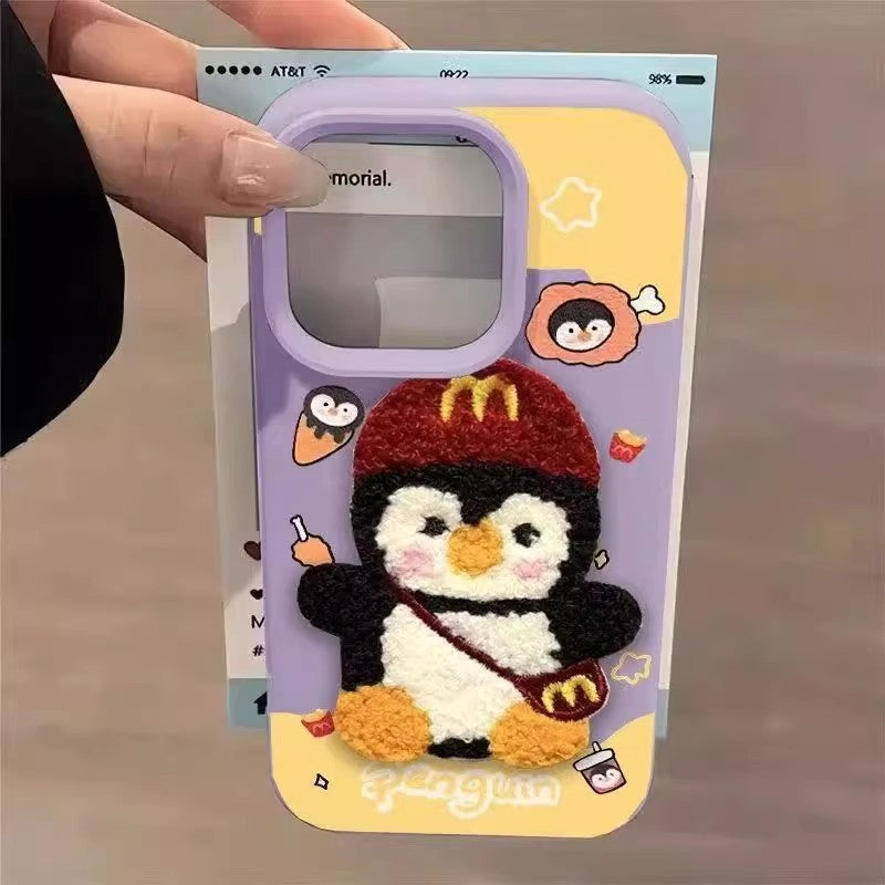 Sarung Telefon 3D Aksesori Penguin Burger Bahan Kulit Corak Comel Anti Licut Dan Selamat For iPhone 11 12 13 14 15 16 17