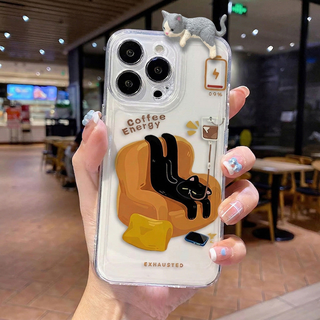 Casing HP Energy Cat Keren dengan Aksesori 3D untuk iPhone 17 16 15 14 13 12 11 Case Bening Anti Letak High Quality Casi