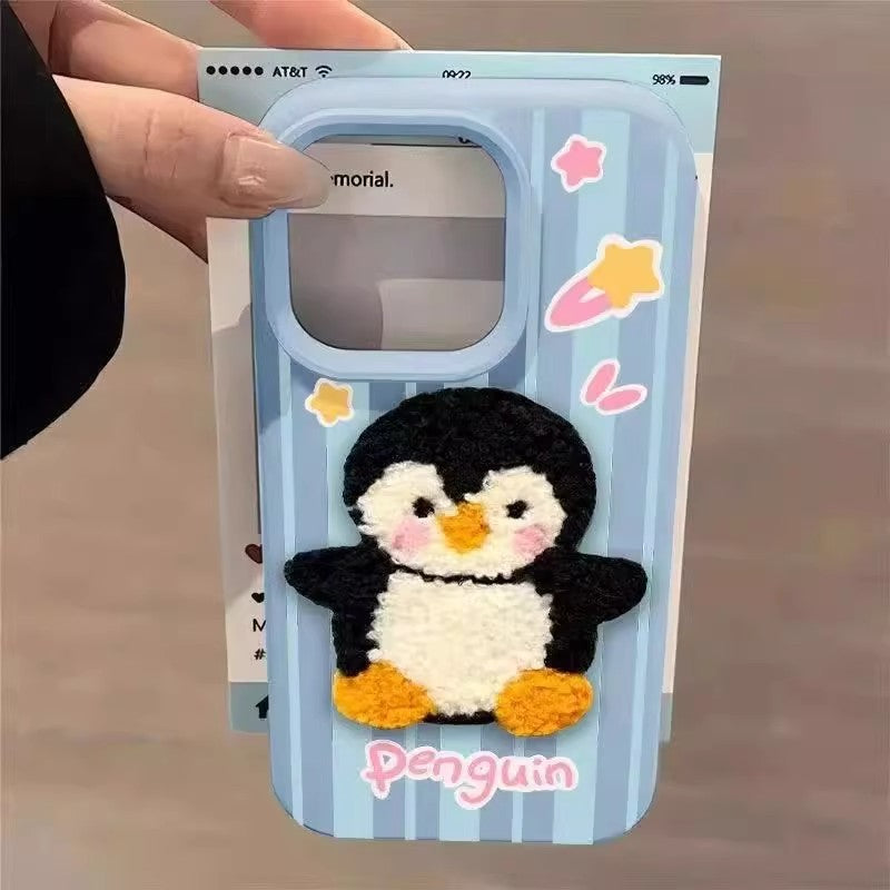 Sarung Telefon 3D Aksesori Penguin Burger Bahan Kulit Corak Comel Anti Licut Dan Selamat For iPhone 11 12 13 14 15 16 17