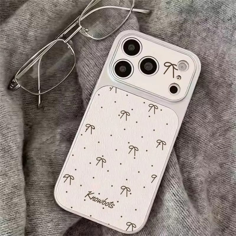 Black Bow Cute Dots Veneered Large Window Phone Case For iPhone12 17 15 14 13 11 Pro Max Plus Leather Texture Anti-Drop