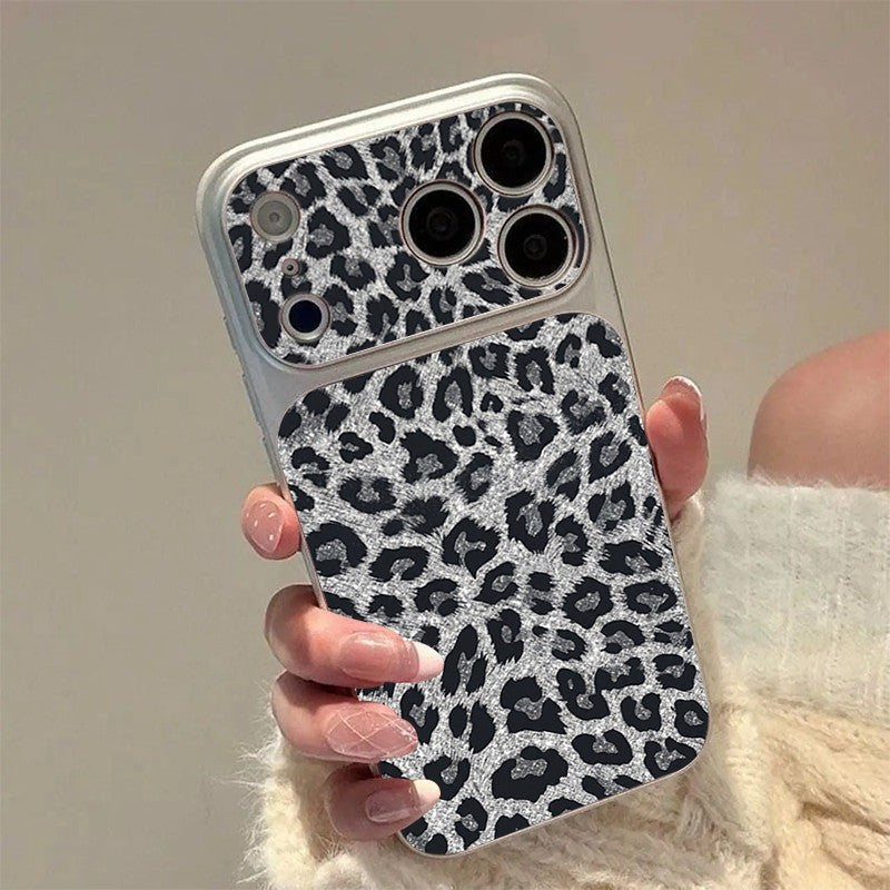 Leopard Print Veneered Large Window Phone Case for iPhone 17 16 15 14 13 11 Pro Max 15 Plus Leather Texture Anti-Drop