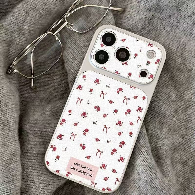For IPhone 17 16 15 14 Plus 13 12 11 Pro Max X XR XS Max Cute flowers English bow leather silver large window soft