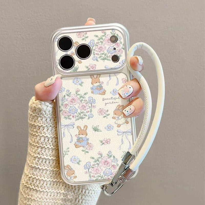 For IPhone 17 16 15 14 Plus 13 12 11 Pro Max X XR XS Max Cute bunny flower silver large window leather soft cover