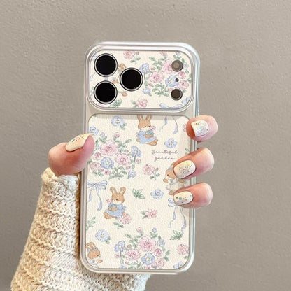 For IPhone 17 16 15 14 Plus 13 12 11 Pro Max X XR XS Max Cute bunny flower silver large window leather soft cover