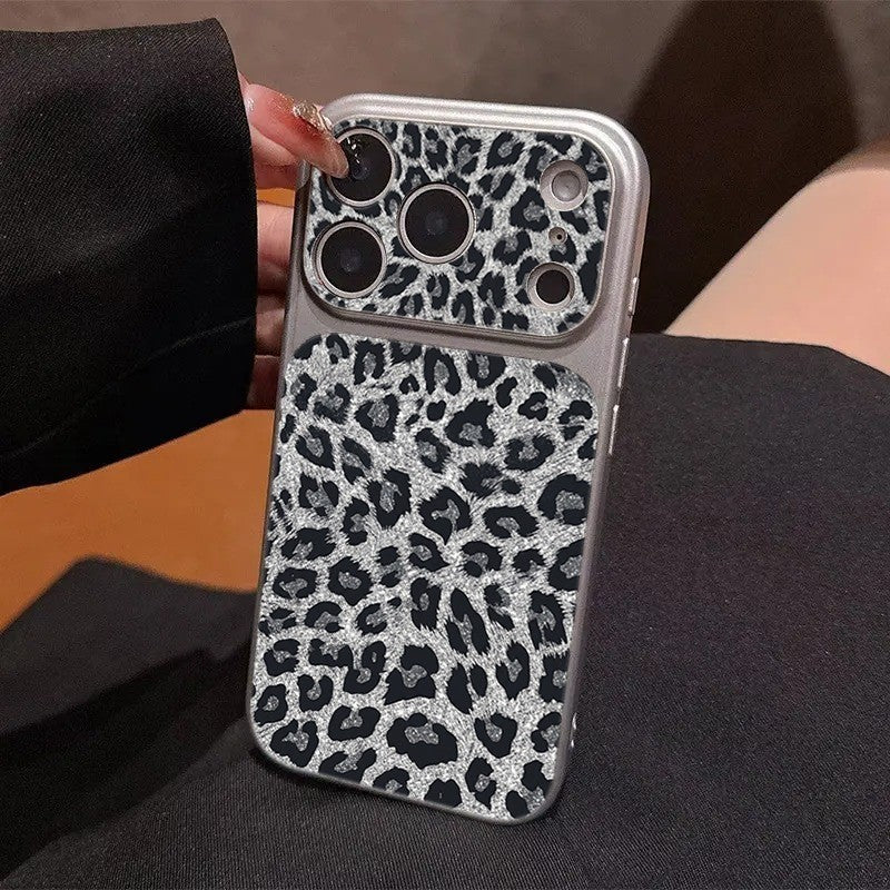 Leopard Print Veneered Large Window Phone Case for iPhone 17 16 15 14 13 11 Pro Max 15 Plus Leather Texture Anti-Drop