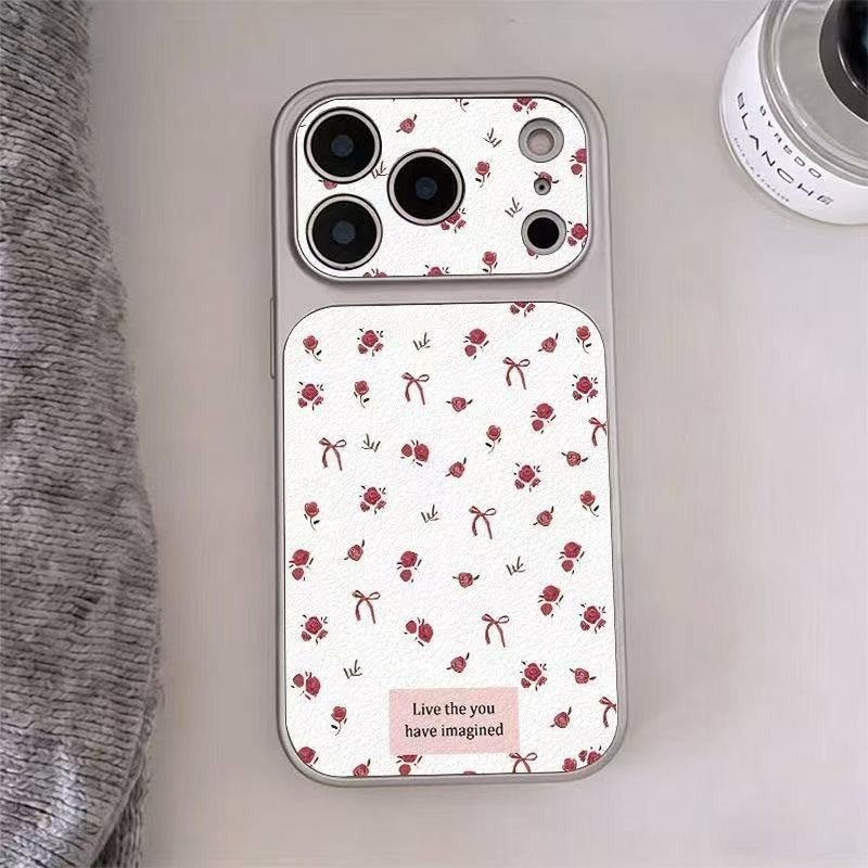 For IPhone 17 16 15 14 Plus 13 12 11 Pro Max X XR XS Max Cute flowers English bow leather silver large window soft