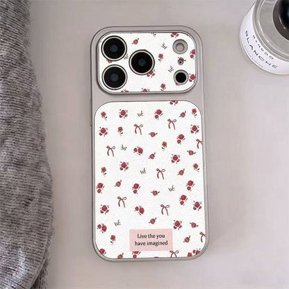 For IPhone 17 16 15 14 Plus 13 12 11 Pro Max X XR XS Max Cute flowers English bow leather silver large window soft