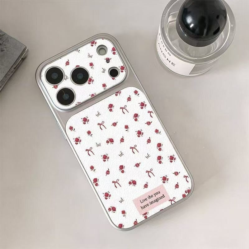 For IPhone 17 16 15 14 Plus 13 12 11 Pro Max X XR XS Max Cute flowers English bow leather silver large window soft