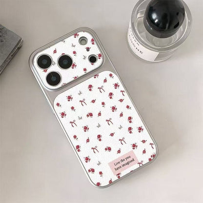For IPhone 17 16 15 14 Plus 13 12 11 Pro Max X XR XS Max Cute flowers English bow leather silver large window soft