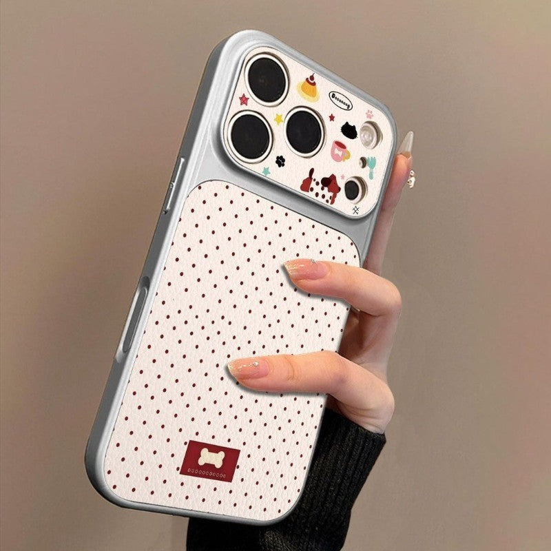 Black Bow Cute Dots Veneered Large Window Phone Case For iPhone12 17 15 14 13 11 Pro Max Plus Leather Texture Anti-Drop