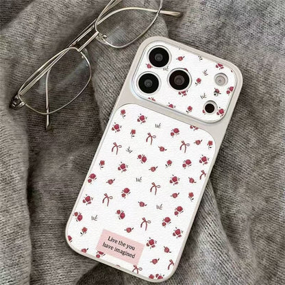 For IPhone 17 16 15 14 Plus 13 12 11 Pro Max X XR XS Max Cute flowers English bow leather silver large window soft