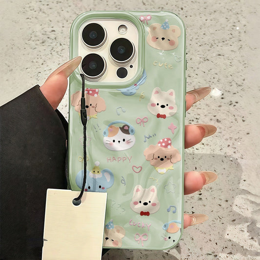 Untuk iPhone 16 15 14 13 12 11 Pro Max X XS XR XS 7 8 6 Sarung Kulit Lembut Gelombang Warna Gula-gula Kartun Haiwan