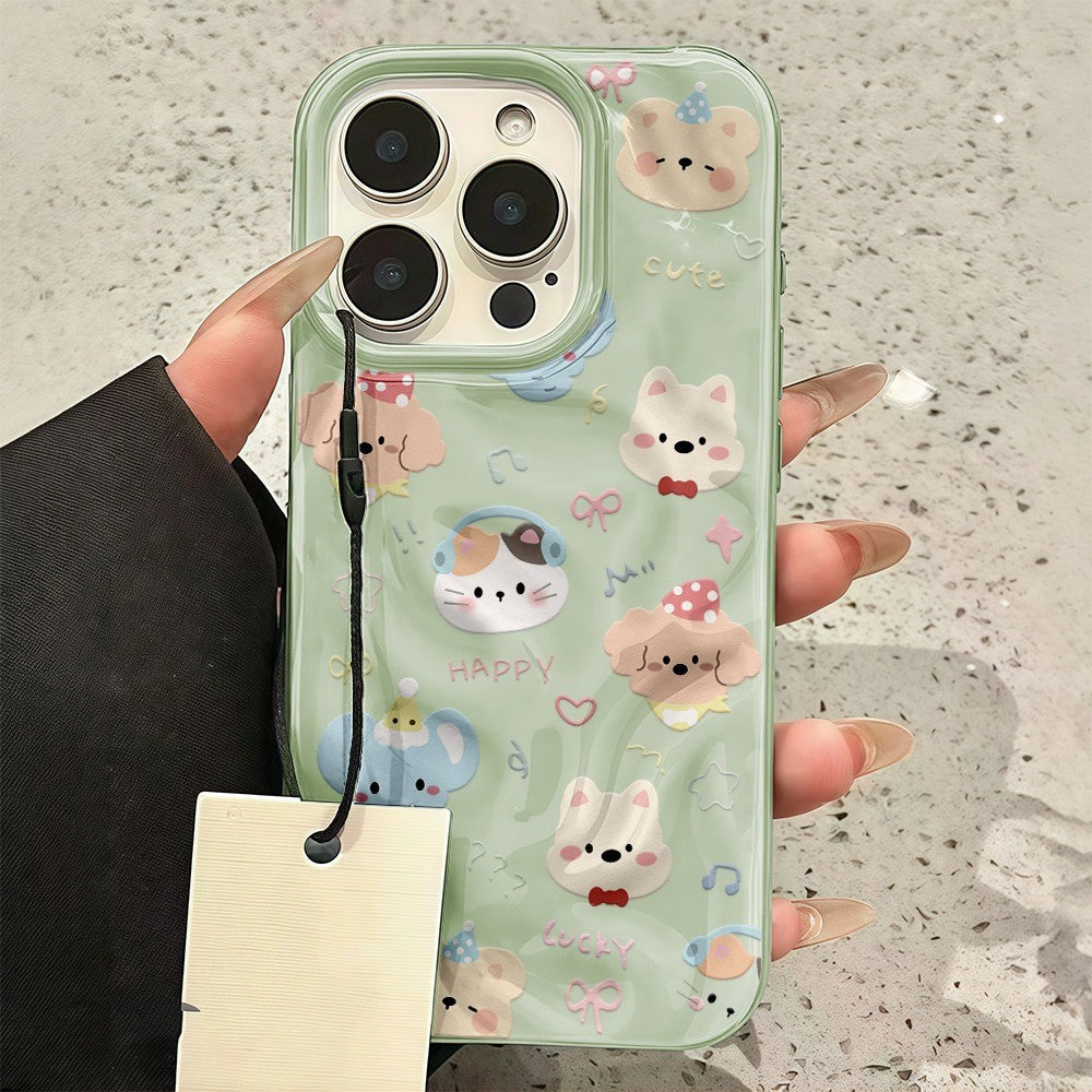 Untuk iPhone 16 15 14 13 12 11 Pro Max X XS XR XS 7 8 6 Sarung Kulit Lembut Gelombang Warna Gula-gula Kartun Haiwan