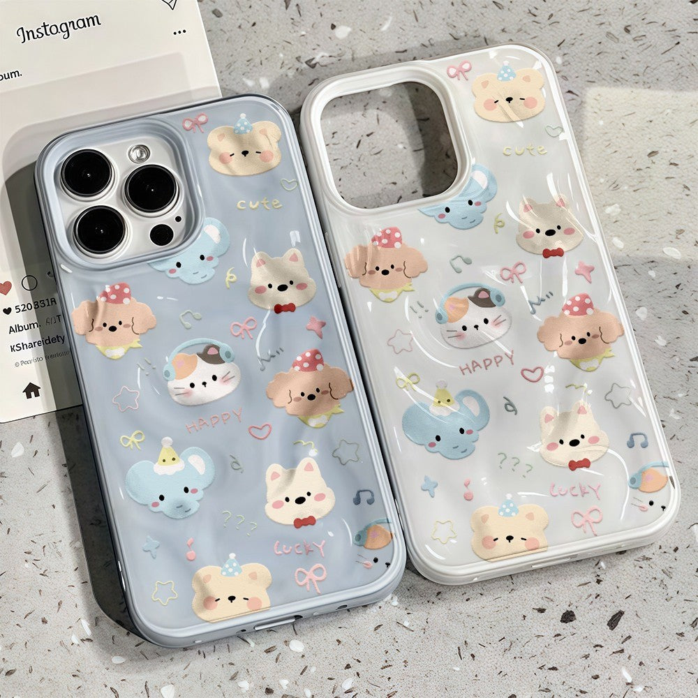 Untuk iPhone 16 15 14 13 12 11 Pro Max X XS XR XS 7 8 6 Sarung Kulit Lembut Gelombang Warna Gula-gula Kartun Haiwan