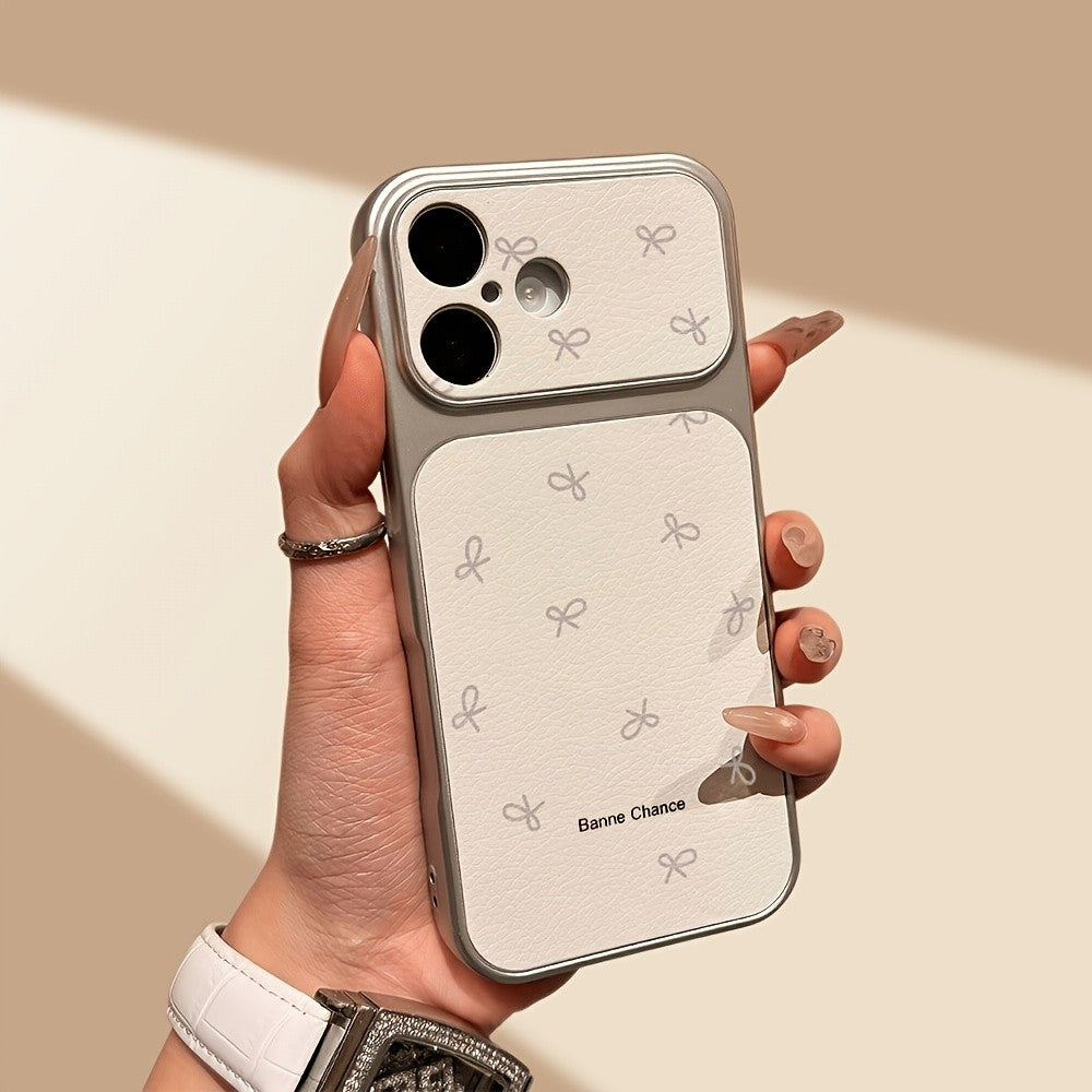 Bowknot English New Luxury Phone Case, Lychee Texture Leather Anti-Fall Frosted, for Iphone17 Promax 16 15 14 13 12 11