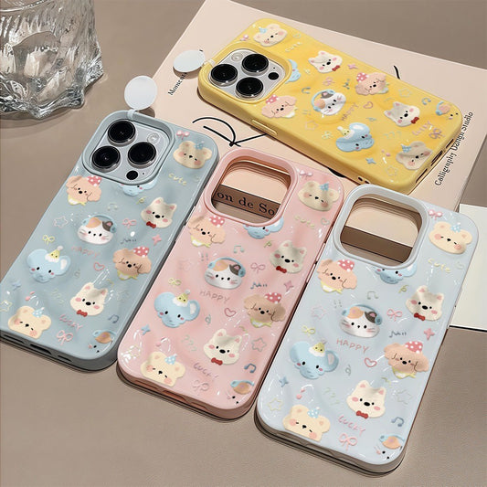 Untuk iPhone 16 15 14 13 12 11 Pro Max X XS XR XS 7 8 6 Sarung Kulit Lembut Gelombang Warna Gula-gula Kartun Haiwan