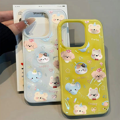 Untuk iPhone 16 15 14 13 12 11 Pro Max X XS XR XS 7 8 6 Sarung Kulit Lembut Gelombang Warna Gula-gula Kartun Haiwan