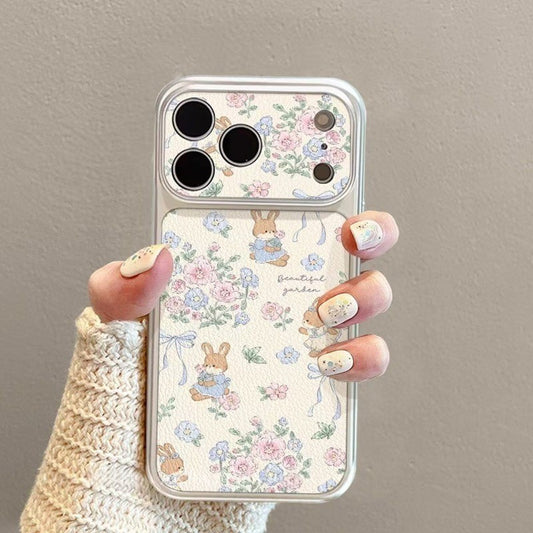For IPhone 17 16 15 14 Plus 13 12 11 Pro Max X XR XS Max Cute bunny flower silver large window leather soft cover