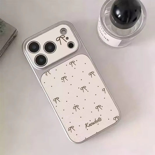 Black Bow Cute Dots Veneered Large Window Phone Case For iPhone12 17 15 14 13 11 Pro Max Plus Leather Texture Anti-Drop