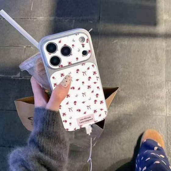 For IPhone 17 16 15 14 Plus 13 12 11 Pro Max X XR XS Max Cute flowers English bow leather silver large window soft