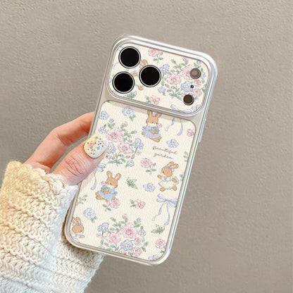For IPhone 17 16 15 14 Plus 13 12 11 Pro Max X XR XS Max Cute bunny flower silver large window leather soft cover