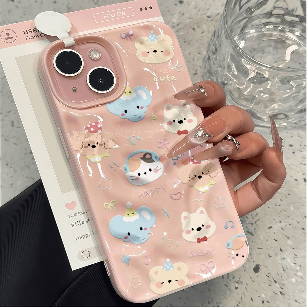 Untuk iPhone 16 15 14 13 12 11 Pro Max X XS XR XS 7 8 6 Sarung Kulit Lembut Gelombang Warna Gula-gula Kartun Haiwan