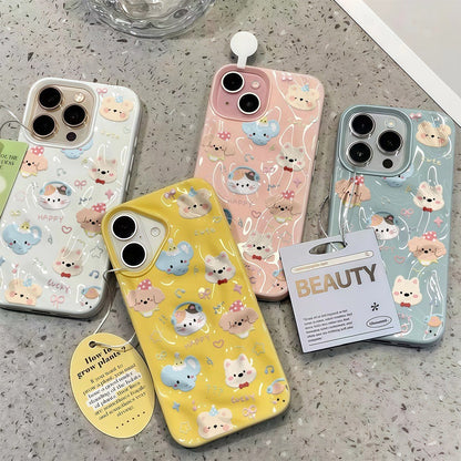 Untuk iPhone 16 15 14 13 12 11 Pro Max X XS XR XS 7 8 6 Sarung Kulit Lembut Gelombang Warna Gula-gula Kartun Haiwan