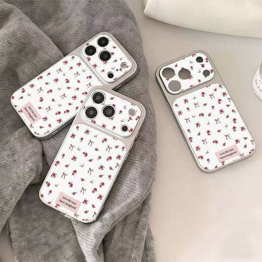 For IPhone 17 16 15 14 Plus 13 12 11 Pro Max X XR XS Max Cute flowers English bow leather silver large window soft